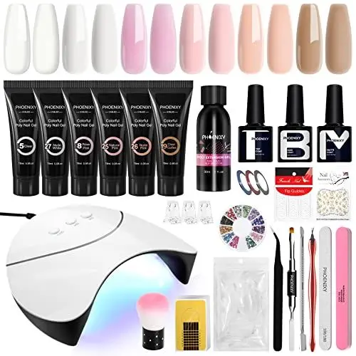 Produktbild: Phoenixy Poly Nagel Starter Set, 6 Farben Poly Nagelverlängerung Gel Set mit 36W UV/LED Nagellampe, Gel Nail Set Geschenk für Frauen