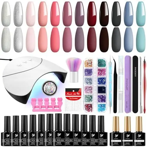 Produktbild: Phoenixy Shellack Set Starterset mit Lampe, 12 Blau Rosa Farben Gelnägel Starterset mit Top Base Matte Coat U V Nagellack Set Geschenk für Frauen