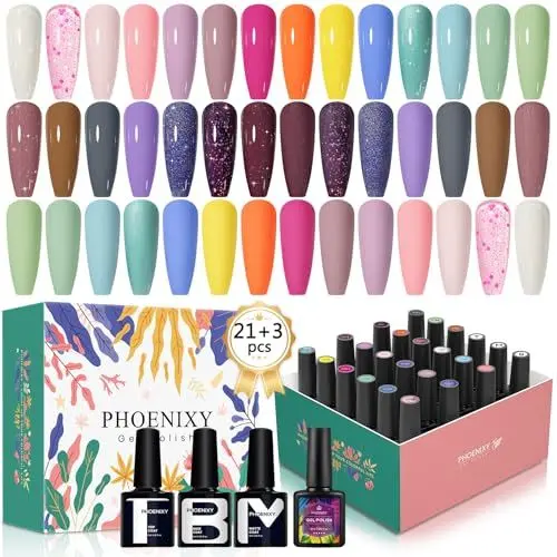Produktbild: Phoenixy UV Nagellack 24Pcs UV LED Gel Nail Polish, Gel Nagellack UV Set mit Glänzend Matte Base Top Coat, Beliebte Weiß Gelb Orang Nail Art Salon Design