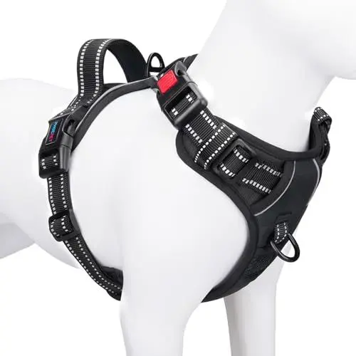 Produktbild: PHOEPET Hundegeschirre ohne Ziehen für kleine Hunde, reflektierende, verstellbare Front-Clip-Weste mit Griff, 2 Metallringe, 3 Schnallen (einfach an- und auszuziehen) (M, Schwarz)