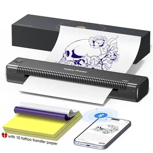 Produktbild: PhoFuta Tattoo Drucker, Tattoo Drucker für Tattoo-Künstler & Anfänger, TP81 Stencil Drucker mit 10pcs Transfer Papier, Tattoo Stencil Drucker Kompatibel mit Tablet, Telefon & PC, Schwarz