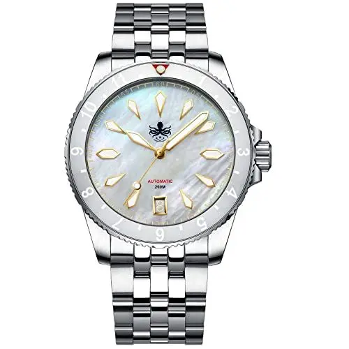 Produktbild: PHOIBOS Voyager Herren-Automatik-Taucheruhr Gehäuse und Armband aus Edelstahl 316L mit 200m Wasserbeständigkeit PY035E Weiß MOP