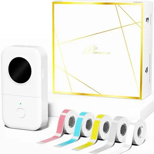Produktbild: Phomemo D30 Beschriftungsgerät Selbstklebend Etikettendrucker Bluetooth Label Printer Mini Etikettiergerät mit 5 Rollen etikettenpapier Geschenkbox,Labelmaker Geeignet für Haushalt und Büro - Weiß