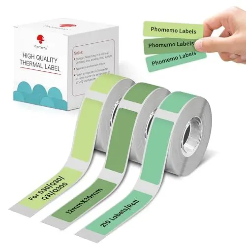 Produktbild: Phomemo D30 Etiketten, 3 Rollen, 12 mm × 30 mm, kompatibel mit Phomemo D30-Etikettendrucker, geeignet für Zuhause, Schule, 210 Etiketten/Rolle, 3 Rollen. Hellgrün, Grasgrün, Grün