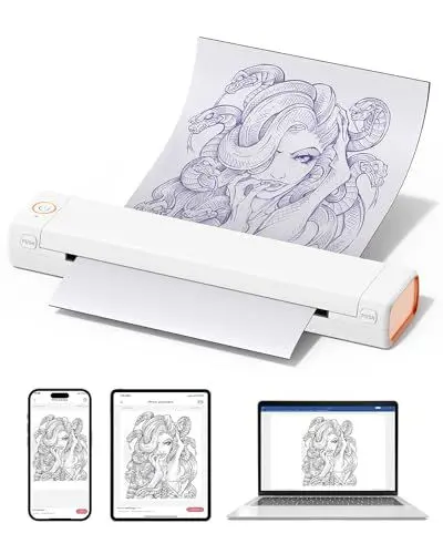 Produktbild: Phomemo M08F Tattoo Drucker, Tattoo Stencil Drucker A4 Thermodrucker Tattoo Kompatibel mit Smartphone & PC, Tattoo Drucker für Anfänger, Künstler mit 10 Tattoo Transfer Papier, Weiß