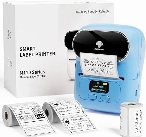 Produktbild: Phomemo M110 Bluetooth Etikettendrucker, Etikettiergerät Beschriftungsgerät Selbstklebend mit 3 Etikett Geschenkbox, Labeldrucker für Barcode,Geschäfte,kleine Unternehmen,für Android & iOS & PC - Blue