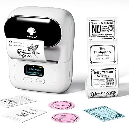Produktbild: Phomemo M110 Etikettendrucker, Mini-Thermo-Aufkleber-Maschine,Handy Bluetooth Drucker für Barcode, Kleidung, Schmuck, Einzelhandel, Adresse kompatibel mit Android & iOS, mit 1-Rollen-Etikett, Weiß