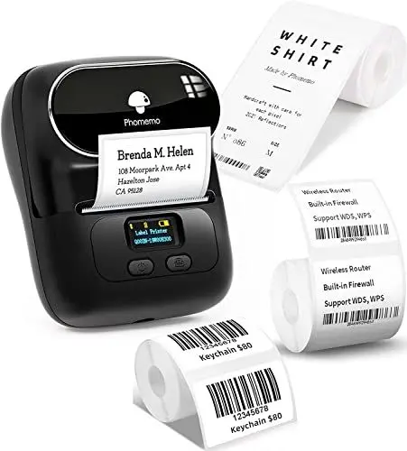 Produktbild: Phomemo M110 Etikettendrucker mit 3 Etikettenrollen, Beschriftungsgerät Selbstklebend für Telefon und PC, Bluetooth Etikettendrucker, Etikettiergerät für Zuhause, Büro und kleine Unternehmen