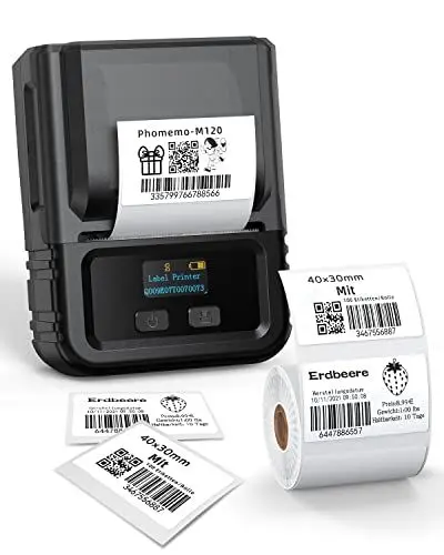 Produktbild: Phomemo M120 Etikettendrucker Bluetooth, Mini Labeldrucker Sticker Drucker Etikettiergerät für Barcode, QR-Code, Einzelhandel, Kleinunternehmen, Kompatibel mit Smartphone&PC, Schwarz