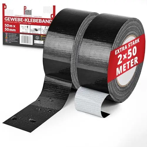 Produktbild: Phorin®️ Panzertape extra stark 2 Rollen 50m x 50mm - Gewebeband, Panzerband, wasserdichtes Klebeband zum Abdichten, Reparieren und mehr - Ideal für den Innen- und Außenbereich