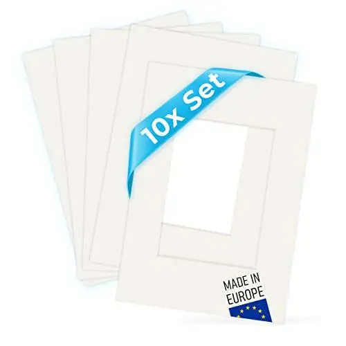 Produktbild: PHOTOLINI Passepartout A4 21x30 aussen für 13x18 innen, 10x säurefrei 1,5 mm Passepartout Karton Creme-Weiß, alterungsbeständige Schrägschnitt - Passepartouts, Präsentation & Schutz Bildern & Fotos