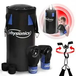 Produktbild: Physionics® Kinder Boxsack-Set - mit Boxhandschuhen 8oz und Boxbandagen, H55 cm, 10kg, Gefüllt, inkl. Karabinerhaken - Punching Bag, Sandsack für Kickboxen, MMA, Kampfsport, Muay Thai, Junior Training