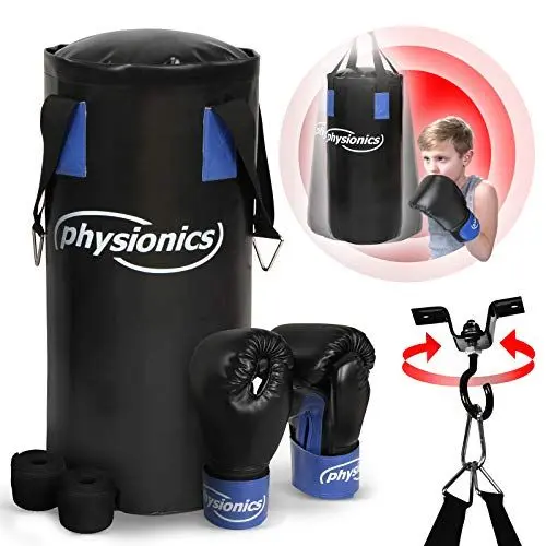 Produktbild: Physionics® Kinder Boxsack-Set - mit Boxhandschuhen 8oz und Boxbandagen, H55 cm, 10kg, Gefüllt, inkl. Karabinerhaken - Punching Bag, Sandsack für Kickboxen, MMA, Kampfsport, Muay Thai, Junior Training