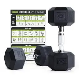 Produktbild: PhysKcal Hexagon Hanteln Poly-Gummierte |10 kg Paar (2 Stück) | Rutschsicher Ummantelt | Ergonomische Verchromte Griffe | Kurzhantel-Set | Dumbbells Set