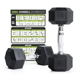 Produktbild: PhysKcal Hexagon Hanteln Poly-Gummierte | 5 kg Paar (2 Stück) | Rutschsicher Ummantelt | Ergonomische Verchromte Griffe | Kurzhantel-Set | Dumbbells Set