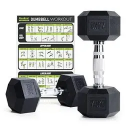 Produktbild: PhysKcal Hexagon Hanteln Poly-Gummierte | 7,5 kg Paar (2 Stück) | Rutschsicher Ummantelt | Ergonomische Verchromte Griffe | Kurzhantel-Set | Dumbbells Set