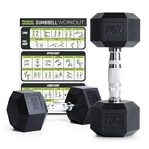 Produktbild: PhysKcal Hexagon Hanteln Poly-Gummierte | 7,5 kg Paar (2 Stück) | Rutschsicher Ummantelt | Ergonomische Verchromte Griffe | Kurzhantel-Set | Dumbbells Set