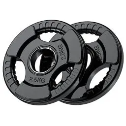 Produktbild: PhysKcal Olympische Hantelscheiben 2 x 2,5kg | Ø50 mm Bohrung | Hochwertiges Gummi-Finish | Tri-Grips | Schwarze Hantelscheiben für Krafttraining | Robuste Gusseisen-Kern Gewichte Set für Langhantel