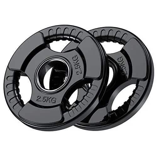 Produktbild: PhysKcal Olympische Hantelscheiben 2 x 2,5kg | Ø50 mm Bohrung | Hochwertiges Gummi-Finish | Tri-Grips | Schwarze Hantelscheiben für Krafttraining | Robuste Gusseisen-Kern Gewichte Set für Langhantel