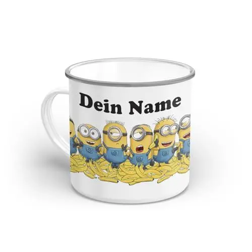 Produktbild: PICANOVA Minions Tasse mit Name - Personalisierte Emaille Tasse 300 ml - Kinderbecher Personalisiert mit Namen - Geschenk für Kinder und Fans der Ich - Einfach unverbesserlich - Minion Friends