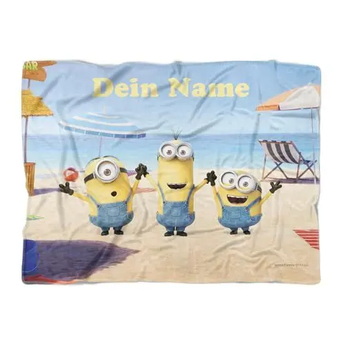 Produktbild: PICANOVA Personalisierte Minions Decke mit Name 200x150cm - Premiumqualität Kuscheldecke für Kinder - Weich Fleece Decke - Geschenk für Fans der Ich - Einfach unverbesserlich - Minions Beach Day