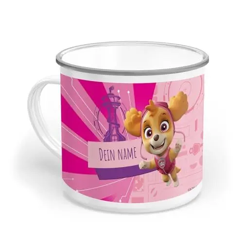Produktbild: PICANOVA Tasse PAW Patrol Skye Kinder Tasse mit Namen – Personalisierte Geschenke Kinder – Individuell Tasse Emaille 300 ml – Dauerhaft Paw Patrol Becher Ideal für Mädchen