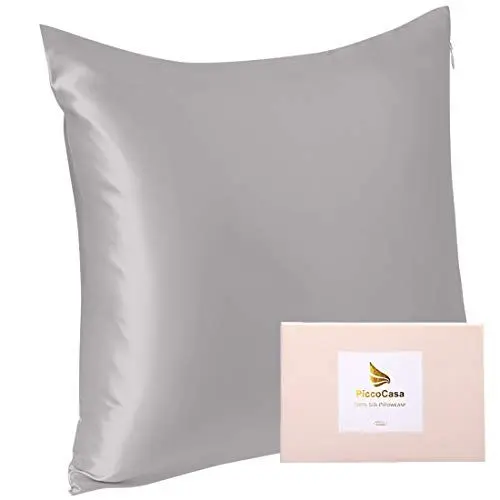 Produktbild: PiccoCasa Seide Kissenbezug 80x80 Kissenbezug aus 100% Seide 22 Momme kopfkissenbezug Haare und Hautpflege mit Reißverschluss & Geschenkbox Grau 80x80cm