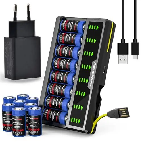Produktbild: Pickle Power 16 Pack 123A 3.7V Lithium Batterie 750mAh und Smart Ladegerät für Arlo Kamera (VMC3030/VMK3200/VMS3330/3430/3530)