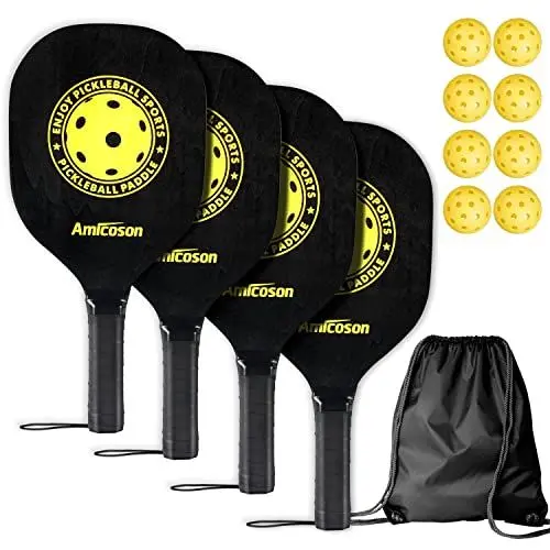 Produktbild: Pickleball Paddelschläger - Amicoson Pickleball Schläger Set mit 4 Paddeln, Indoor & Outdoor Pickleball Paddel Set mit 4 Holz Ergonomisch Kissen Griff, 8 Pickleball Bälle & 1 Tragetasche