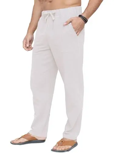 Produktbild: PICKLION Leinenhose Lang Herren Sommer Strandhose Freizeit Leichte Tasche Kordelzug Urlaub Weiß XXXL