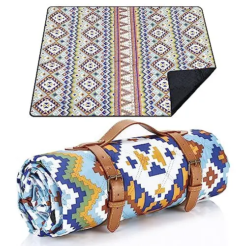Produktbild: Picknickdecke 200 x 200cm,Boho Picknickdecke Wasserdicht,Tragbare Waschbar Extra Große Stranddecke Sandfreie,Campingdecke Isoliert mit Tragegriff,Perfekt für Picknick,Outdoor,Camping,Beach,Park