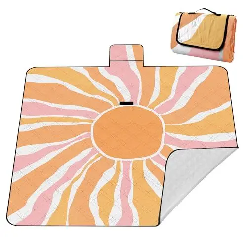 Produktbild: Picknickdecke XXL 200x200 cm – extra groß, wasserdicht & waschbar, isoliert mit Alubeschichtung, orange Sunburst Design, faltbar mit Tragetasche – für Strand, Park & Garten
