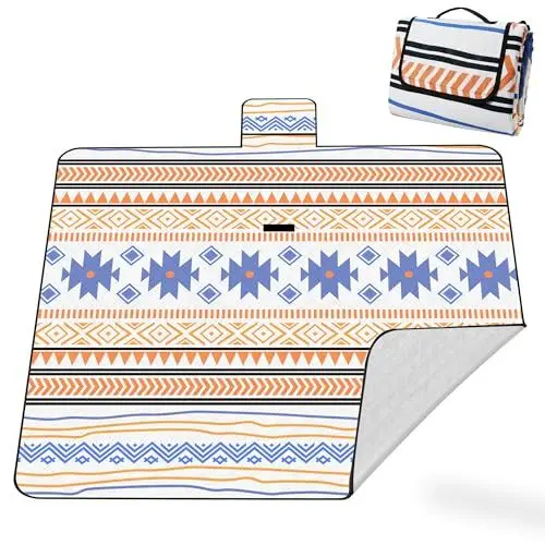 Produktbild: Picknickdecke XXL 200x200 cm – extra groß, wasserdicht & waschbar, modernes geometrisches Muster in Orange & Blau, isoliert & gepolstert, faltbar mit Tragetasche – für Strand, Park & Picknick