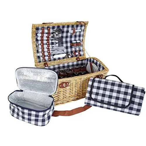 Produktbild: Mendler Picknickkorb-Set HWC-B23AM für 6 Personen, Weiden-Korb Picknickdecke, Porzellan Glas Edelstahl, blau-weiß