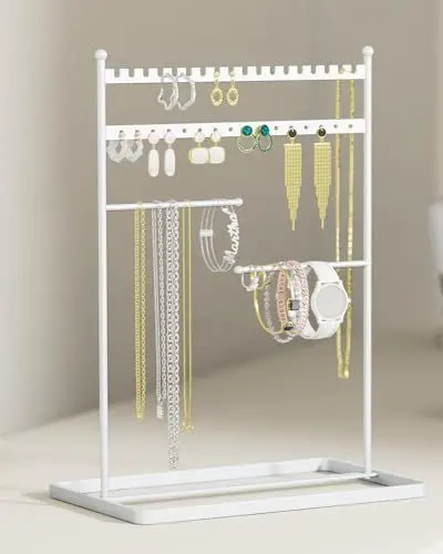 Produktbild: pickpiff Schmuck Organizers, Schmuckständer 32cm Hoch, 4 bar Robust Schmuckaufbewahrung Reise, Schmuckschrank Organizer für Halskette, Armband, Parfüm und Ohrringe, Deko Aesthetic Accessoires, Weiß