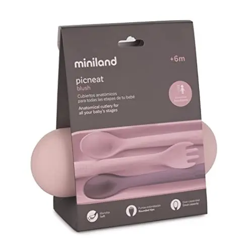 Produktbild: Miniland PICNEAT BLUSH. Baby-Besteckset, anatomisch, mit zwei Löffeln und einer Gabel, inklusive Transportetui, rosa und dunkelviolett, 89463