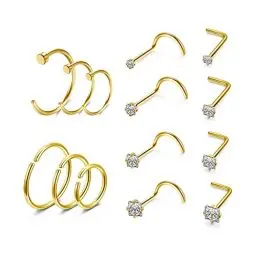Produktbild: PiercingJak 14er 20G Nasenpiercing Stecker Gold Nasenstecker Nasenring Nase Piercing Set Septum Hoop Ring Spirale L Form Nasenreifen Nostril Piercings Punk Edelstahl Schmuck Unisex