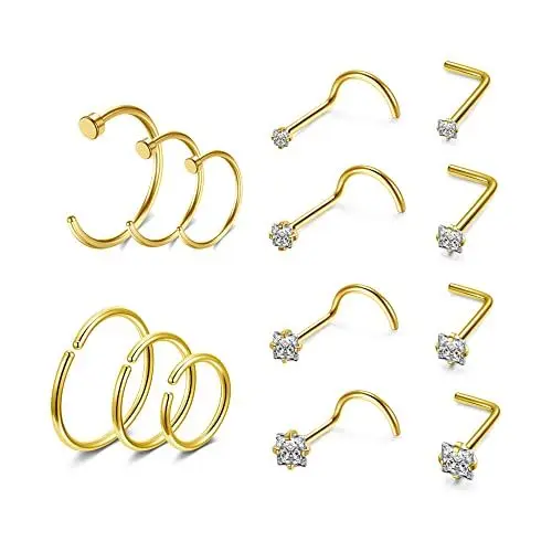 Produktbild: PiercingJak 14er 20G Nasenpiercing Stecker Gold Nasenstecker Nasenring Nase Piercing Set Septum Hoop Ring Spirale L Form Nasenreifen Nostril Piercings Punk Edelstahl Schmuck Unisex