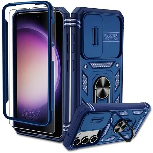 Produktbild: Pilaru Samsung Galaxy S23 Hülle, S23 Kameraschutz Handyhülle mit 1 Stück Schutzfolie, 360° Drehhalter Ring Schutzhülle Militär Stoßfest Kratzfest Outdoor Handy Hüllen für Samsung S23-Blau