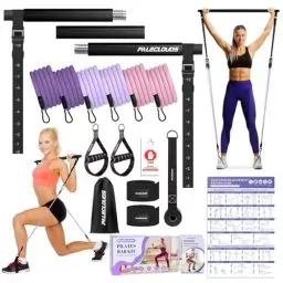 Produktbild: Pilates Stange, Pilates Bar Set mit 3 Paar Widerstandsbänder(20/25/30Lbs), Metall-Einstellung Schnalle & Ausbildung Poster, Pilates Skulptur Fitness Stange for Home Gym Workout Equipment(Frauen)