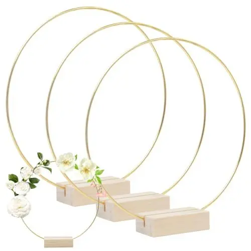Produktbild: Pilikoll 3 Stück 20cm Gold Blumenkranz Makramee Ringe mit 3 Holzständer Gold Metallringe zum Basteln Makramee Ringe Metall Deko Ringe DIY Floral Hoop mit Holzsockel für DIY Handwerk, Makramee