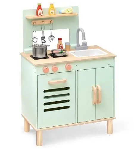 Produktbild: Pillowhale Kinderküche Holz für Kleinkinder, Montessori Spielküche Kinder mit Zubehör, Rollenspiel Spielzeugküche aus Holz,Kids Play Kitchen, Geschenk für Mädchen Jungen ab 3 (Grüner)