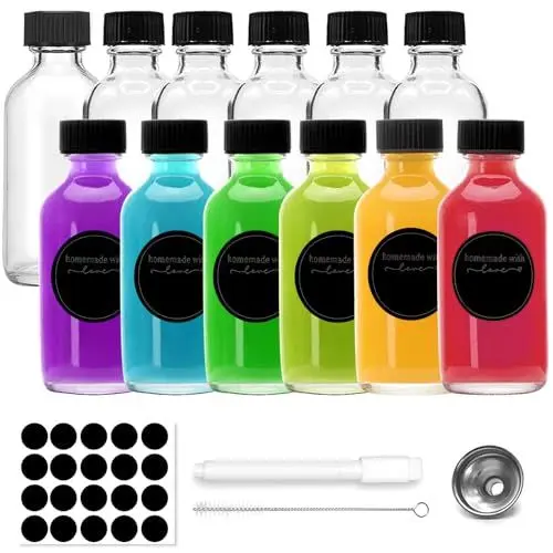 Produktbild: PIMDYGO Kleine Flaschen zum Befüllen, 12 x 60 ML Shot Flaschen zum Befüllen, Mini Glasflaschen mit Deckel mit Trichter, Etiketten & Stift, Mini Flaschen zum Befüllen, Ingwer Shot Flaschen