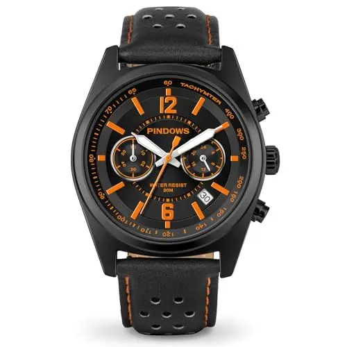Produktbild: PINDOWS Armbanduhr für Herren, schwarz-braunes Leder, Chronograph, modische Quarz-Armbanduhren