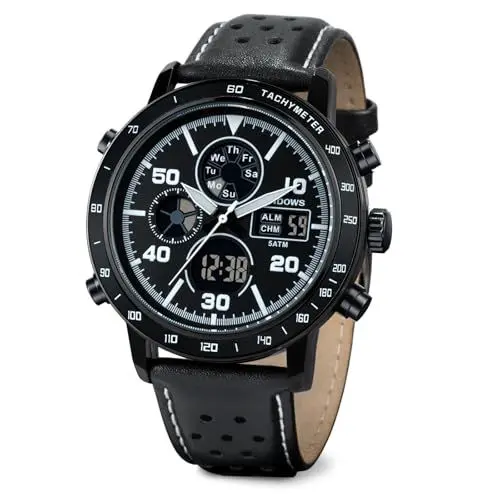 Produktbild: PINDOWS Uhren für Herren, Herren-Armbanduhr, Militär, digital, analog, lässig, Dualzeit, Leder-Armbanduhr, multifunktionale Modeuhr mit LED-Hintergrundbeleuchtung, Alarm, Stoppuhr, Kalender