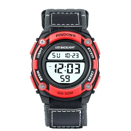 Produktbild: PINDOWS wasserdichte Digital-Sportuhren für Herren, Chronograph, Nylonband, multifunktionale Unisex-Armbanduhr mit LED-Hintergrundbeleuchtung, Alarmfunktion, Stoppuhr, Kalender.