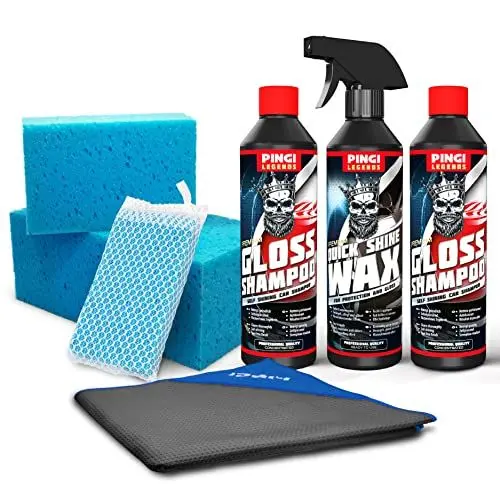 Produktbild: Pingi Autopflege-Reinigungsset | Enthält 2 x 500ml Autoglanz-Shampoo, 3 Autoschwämme, Autotrockentuch & Autowachs-Spray | Autowaschset Autoset Pflegeset | Autowaschanlage für daheim | Geschenkset