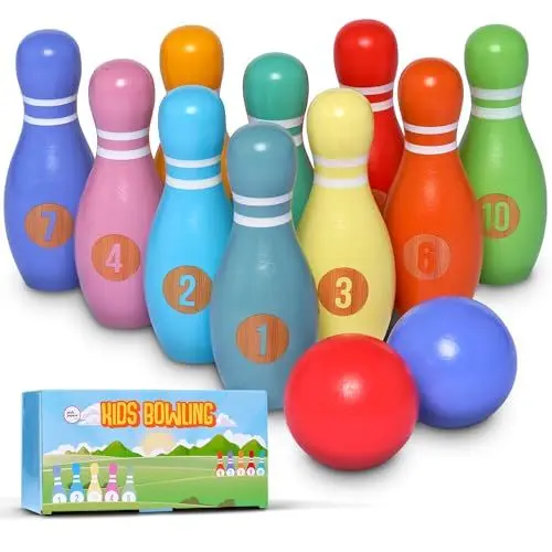Produktbild: Pink Papaya Kegelspiel für Kinder - 12 teiliges Bowling Set, Outdoor & Indoor Spielzeug aus FSC-zertifiziertem Holz, schult & fördert Ihr Kind