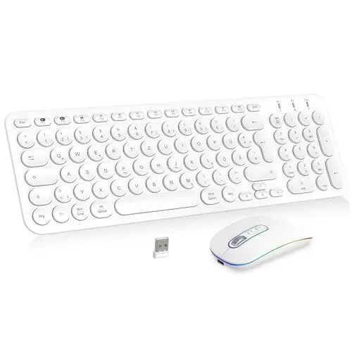 Produktbild: PINKCAT Bluetooth Tastatur Maus Set kabellos, Wiederaufladbare Dualmodus (Bluetooth 5.1+2.4G) Kabellose Tastatur und Maus, Extrem-Dünne Tastatur für Mac, iPad, Apple, Andoid, Windows (Weiß)