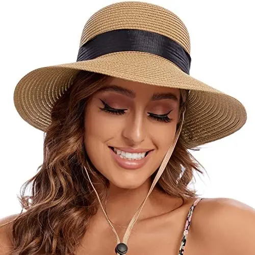 Produktbild: PINKGIRL Damen Stroh Sonnenhut Sommer Bowknot Beach Faltbare Hüte UV-Schutz UPF50+ (Khaki)
